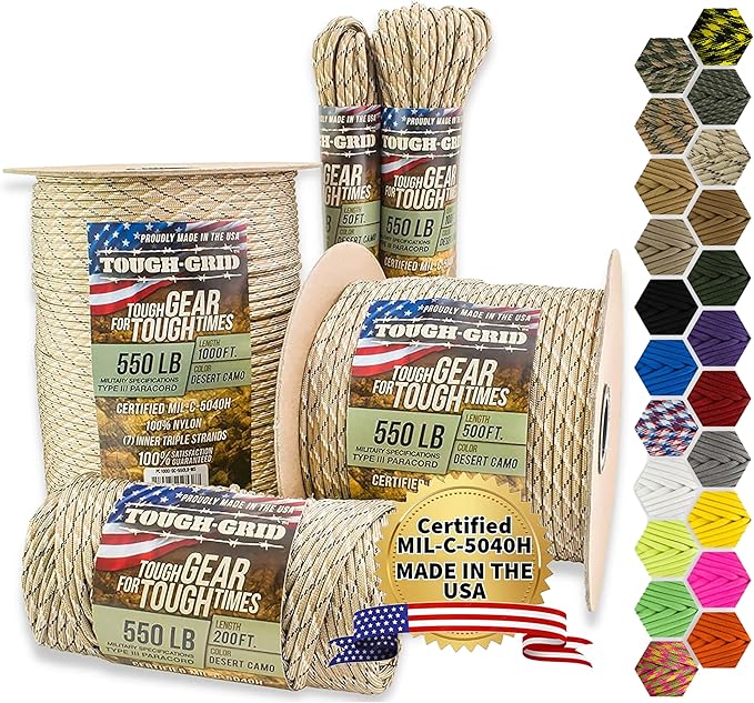 TOUGH-GRID 550 Paracord, Type III Mil-Spec Nylon Rope - 200 Ft Desert Camo Tactical Survival Cord