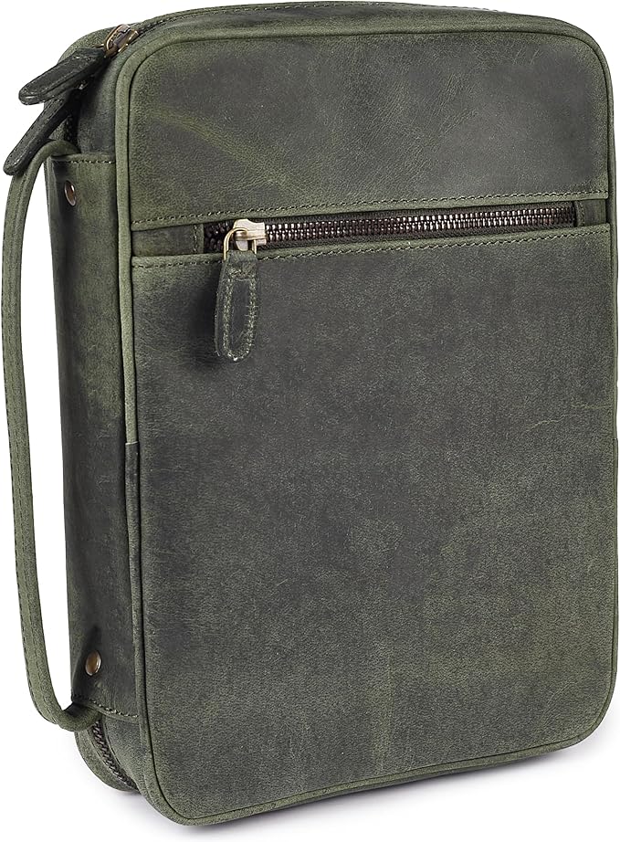 LEATHER VILLAGE Handmade Vintage Leather Bible Cover for Men & Women - Large Protective Bible Case & Organizer for Church, Travel & Study Christian Religious Antique Bookmark - Olive