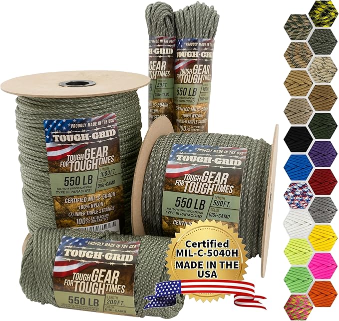 TOUGH-GRID 550 Paracord, Type III Mil-Spec Nylon Rope - 500 Ft Digi-Camo Tactical Survival Cord