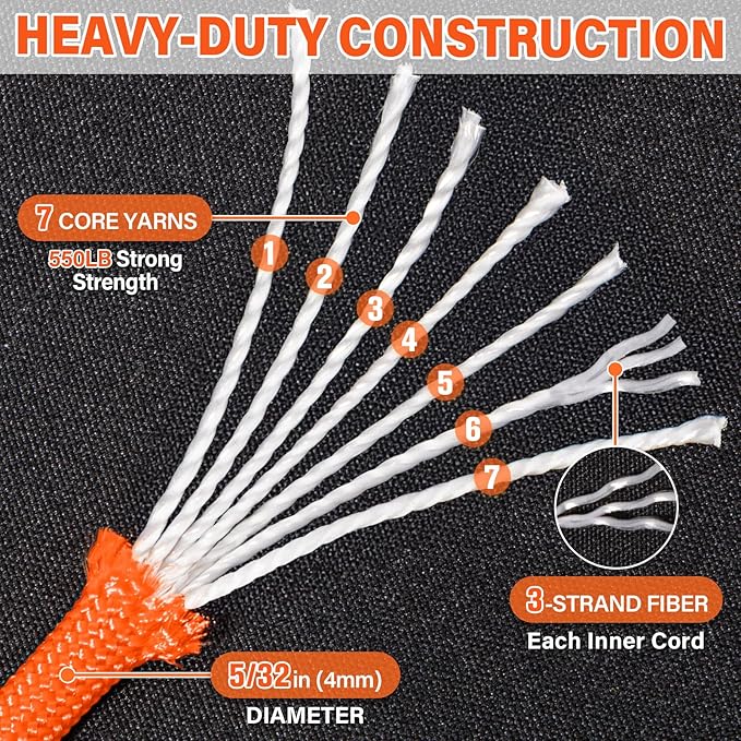 Paracord Rope 550 lb - 1000ft 5/32" Parachute Cord 4MM 7-Strand para Cord - Heavy Duty Spool String for Survival,Camping Gear, Survival Bracelet, Clothesline - Orange