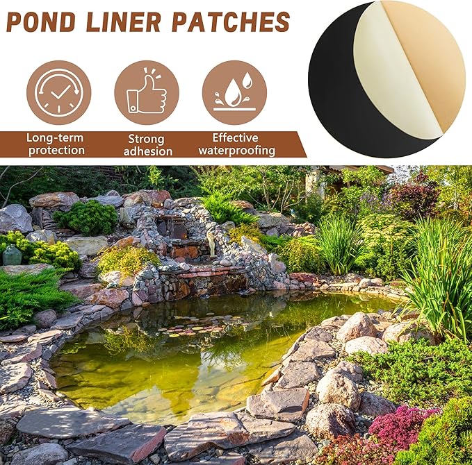 Adnee 2 Pcs Pond Liner Repair Patch-10 Inches Round Self-Adhesive EPDM Liner Repair Patch Kit-Thickened Rubber Pond Liner Seam for EPDM Garden Pond Patch Cover Repair