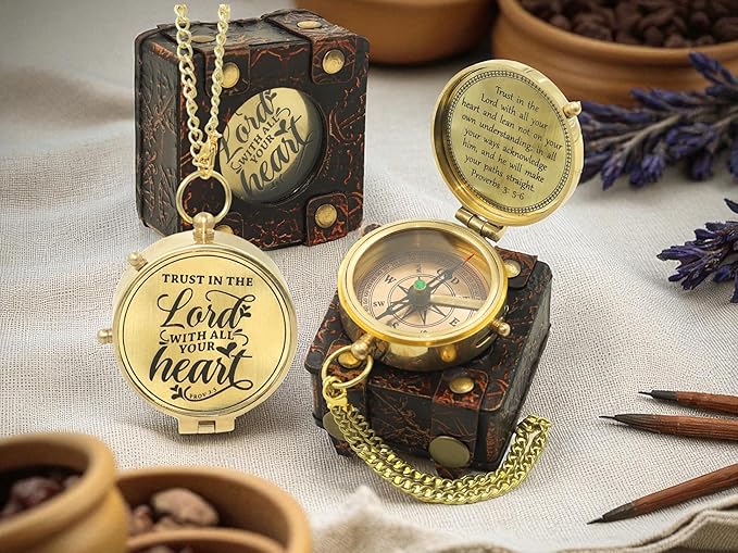 Handmade Brass Antique Compass with Leather Case – Vintage Finish Functional Pocket Navigation Tool for Travel, Hiking & Gift