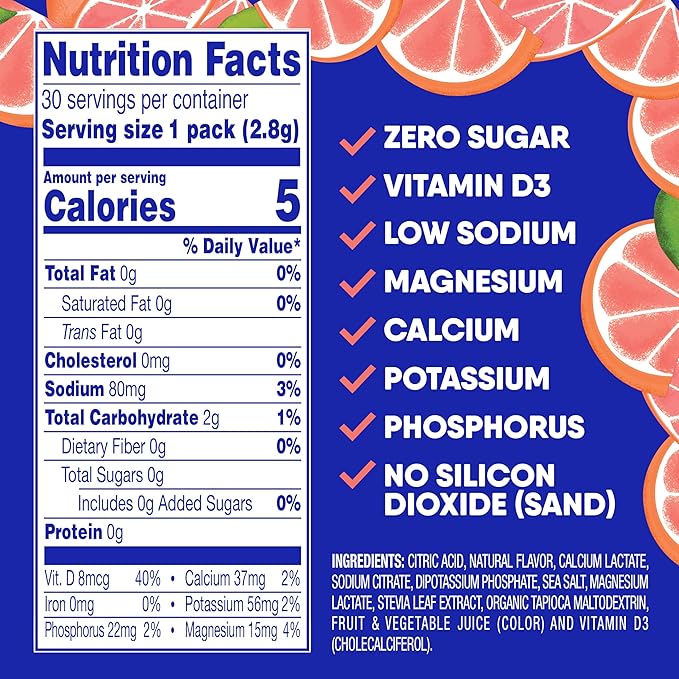 GoHydrate Low Sodium Electrolytes Powder Packets Sugar Free - Instant Hydration Daily Drink Mix - Zero Sugar Water Flavor Packet Singles with Vitamin D - (Grapefruit, 30 Packs)