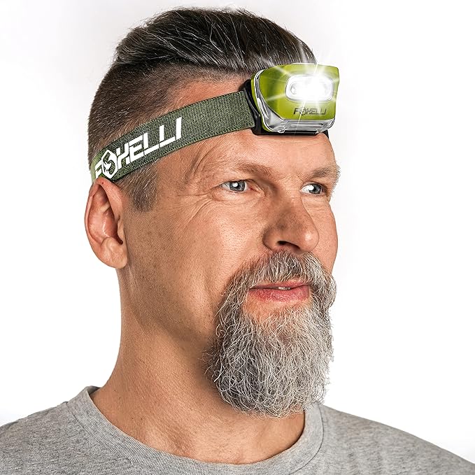 Foxelli LED Headlamp Flashlight for Adults & Kids, Running, Camping, Hiking Head Lamp with White & Red Light, Comfortable Headband, Lightweight & Waterproof, 3 AAA Batteries
