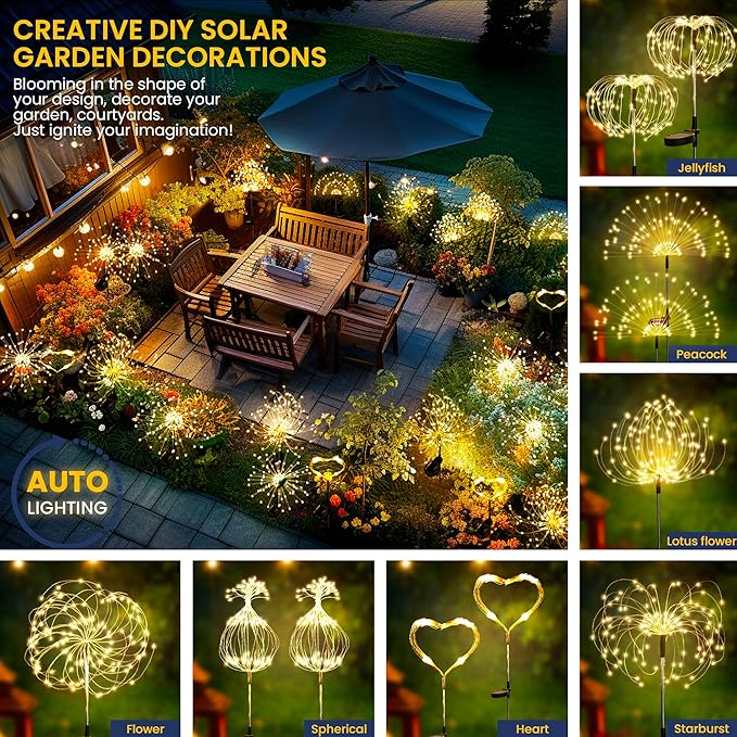 GIGALUMI Garden Decor Outdoor Lights 120LED 4Pack, Solar Garden Lights for Christmas Outside Fairy Firework Decorative,Solar Powered for Yard Pathway Flowerbed Planter Balcony Patio Decor (Warm White