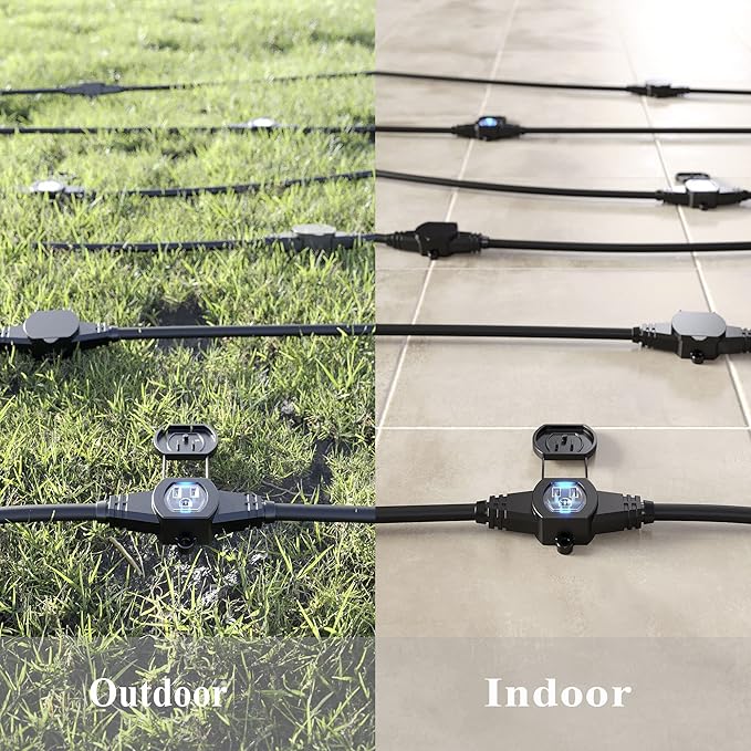 25FT Power Extension Cord 3 Prong, 16 Gauge SJTW 5-15R Cable Male Plug to Female Connector,7 Outlets Multiple Evenly-Spaced Plug,Suitable for Stage Setting or Outdoor,UL Certified Outlet Cable