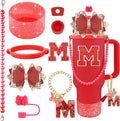 9PCS Red for Stanley Cup Accessories Set Bling Initials Bow Charms for Stanley Decorations 30/40 Oz Tumbler Accessories Including Bow Straw Topper, Handle Strap, Spill Stopper（Letter M）