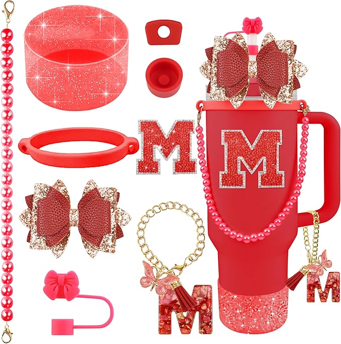 9PCS Red for Stanley Cup Accessories Set Bling Initials Bow Charms for Stanley Decorations 30/40 Oz Tumbler Accessories Including Bow Straw Topper, Handle Strap, Spill Stopper（Letter M）
