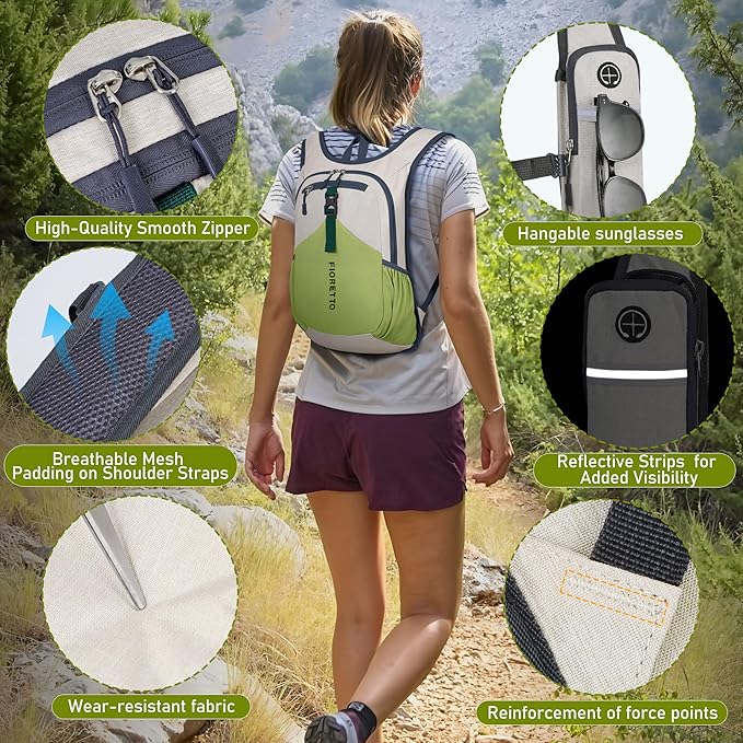 FIORETTO 15L Hiking Backpack for Women Men Mini Packable Backpack Lightweight Small Daypack for Camping Travel Outdoor, Beige and Green