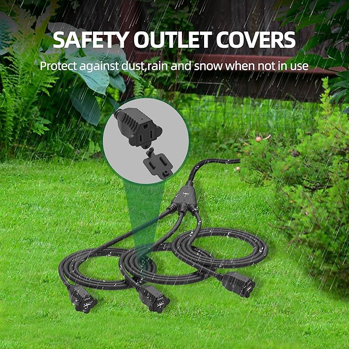 TiFFCOFiO Outdoor Extension Cord with 1 to 3 Splitter Outlets, 25FT Waterproof Cord with Safety Cover, 3 Electrical Outlets for Christmas Decorations, 16 AWG, ETL Listed