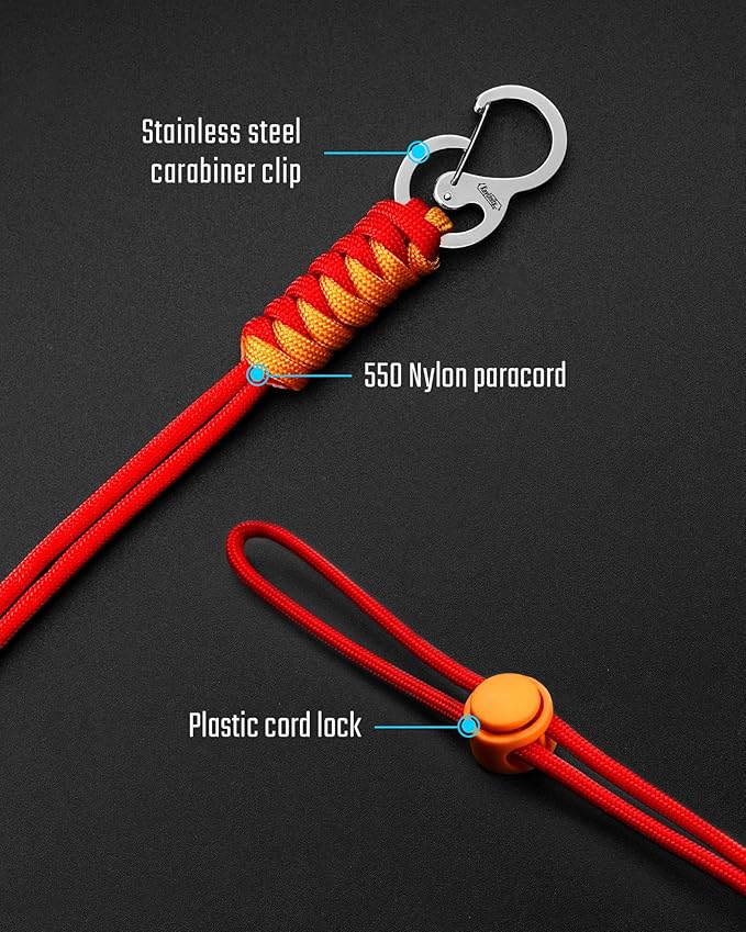 KeyUnity KC01 Braided Paracord Carabiner with Cord Lock, Keychain Phone Camera Bag Wrist Hand Strap for Daily & Outdoor