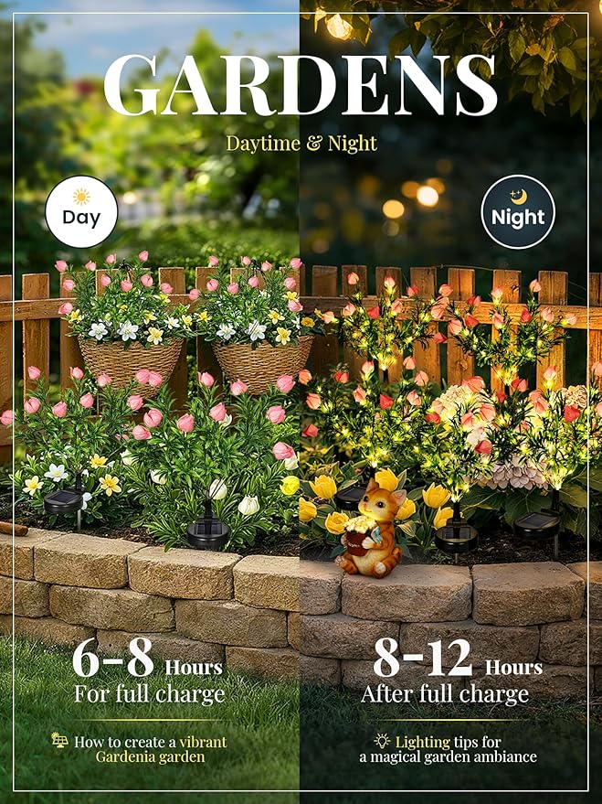 GIGALUMI Solar Garden Lights with Gardenias, 2Pack LED Garden Decor Carefree Solar Flowers Outdoor Waterproof, Yard Decorations Outdoor, Allergy-Free Light up Flowers for Yard Patio (2 Pink)