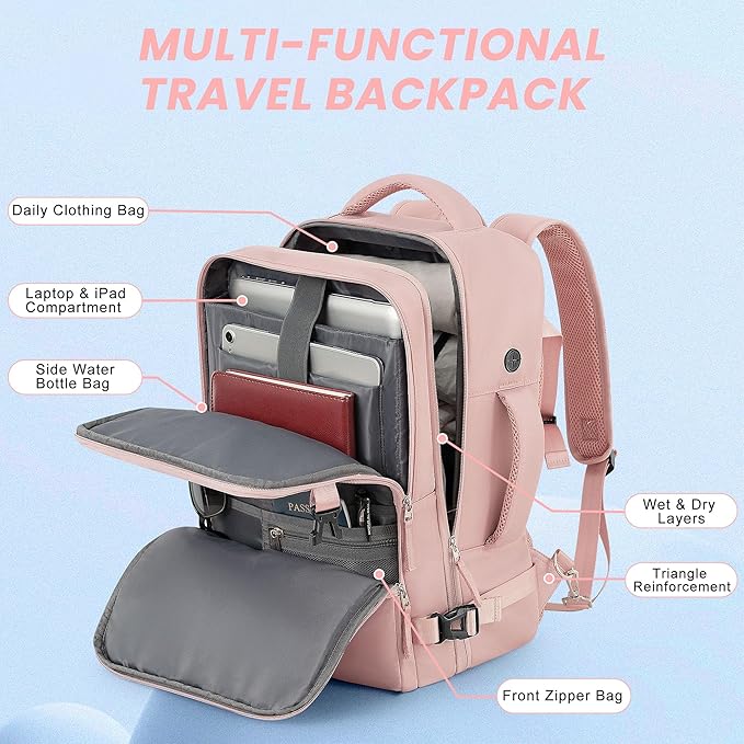 Sinaliy Travel Backpack, Carry on Flight approved Travel Bag with Multi-Pockets, Waterproof 17.3inch Laptop Backpack for Men Women, Pink