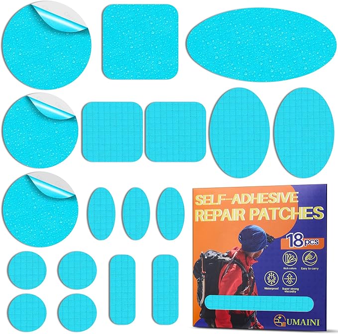 Down Jacket Repair Patch Kit, Outdoor Gear Tenacious Repair Tape, Self Adhesive Fabric Patches for Clothes, Waterproof Ripstop Nylon Fabric Patch for Puffer Jacket, Coat, Tent (18 Pcs, Light Blue)