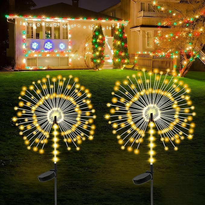 2 Pack 250LED Solar Garden Lights Outdoor, Dual Lighting Modes Firework Lights Solar Powered, Waterproof Twinkle Fairy Light Outside for Yard Patio Pathway Christmas Party Decorative（Warm White）