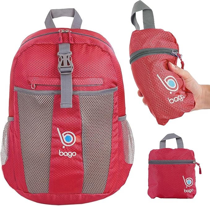 Bago Lightweight Small Hiking Backpack for Women and Men - 25L Travel Day Pack - Foldable Hiking Daypack Ultralight for Camping Outdoor Sports - Day Bag Packable Backpack for Travel (Red)