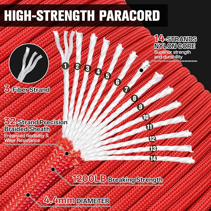 1200 Paracord Rope - 4.4mm 14 Strand Nylon Parachute Spool para Cord Lanyard for Outdoor Camping Survival Utility Tent Crafting DIY Projects Fishing Clothsline Bracelet - Red 200FT