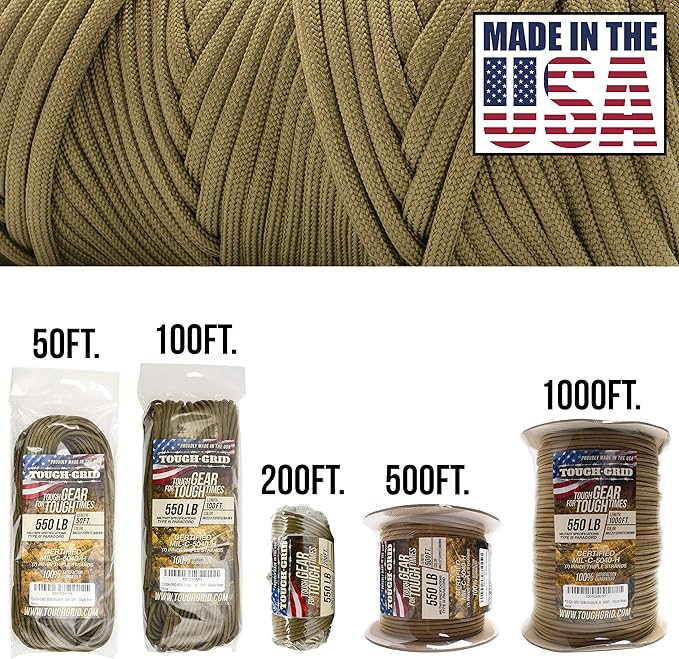 TOUGH-GRID 550 Paracord, Type III Mil-Spec Nylon Rope - 50 Ft Grizzly Brown Tactical Survival Cord