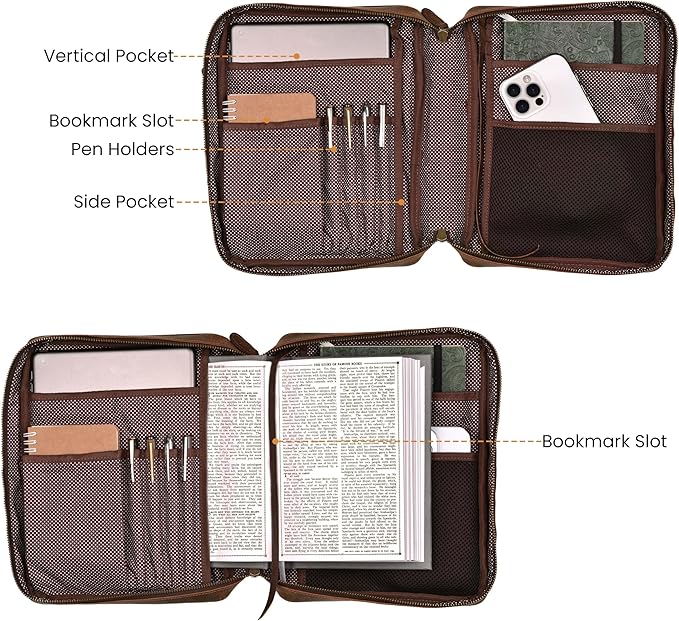 LEATHER VILLAGE Genuine Leather Bible Cover with Zipper for Men & Women - Large Bible Case Carrying Bag Book Cover & Organizer with Handle and Pockets - Leather Bible Covers for Church Study - Cherry