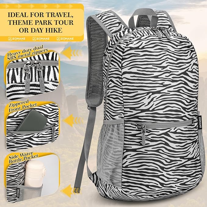 ZOMAKE Ultra Lightweight Hiking Backpack 20L, Packable Small Backpacks Water Resistant Daypack for Women Men(Zebra print)