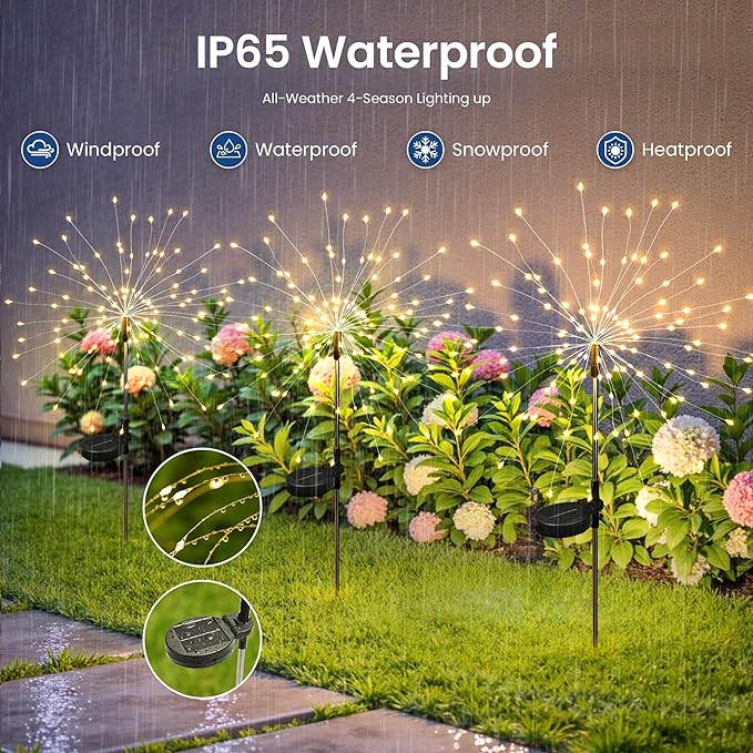 Solar Lights Outdoor, 120LED 6 Pack Fairy Garden Lights Decor for Outside Fireworks Lights Solar Powered for Yard, Patio, Pathway, Walkway, Balcony, Warm White