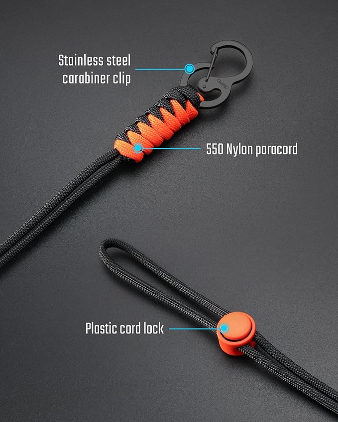 KeyUnity KC01 Braided Paracord Carabiner with Cord Lock, Keychain Phone Camera Bag Wrist Hand Strap for Daily & Outdoor
