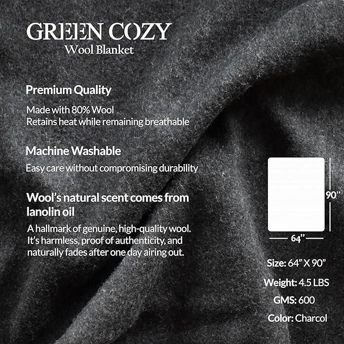 Military Style Wool Blanket – Cushioned, Breathable, Durable, Warm & Washable – Double-Stitched Border – Great for Camping, Outdoor, First Aid, Travel, Car – Fire Retardant – 64"x90" 4.7 lb (Charcoal)