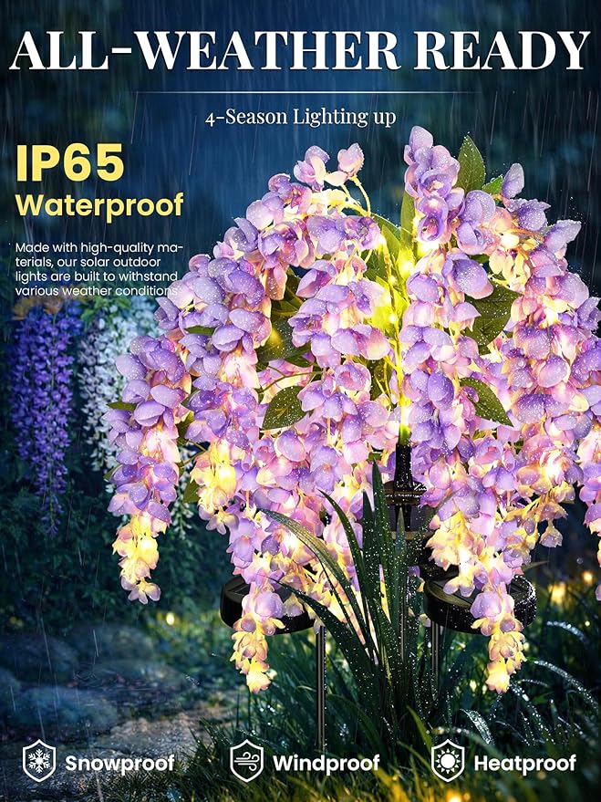 GIGALUMI Solar Lights Outdoor for Garden Decor, 3 Pack Solar Flower Lights Waterproof, 2 Lighting Modes Wisteria for Pathway,Yard, Patio Decoration, Gardening Gifts for Women (Purple)
