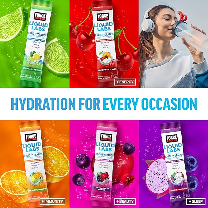 Force Factor Liquid Labs Electrolytes Powder Packets—Lemon Lime—Hydration Packets to Make Electrolyte Water with 5 Essential Electrolytes, Vitamins, Minerals, and Antioxidants, 40 Stick Packs, 2-Pack