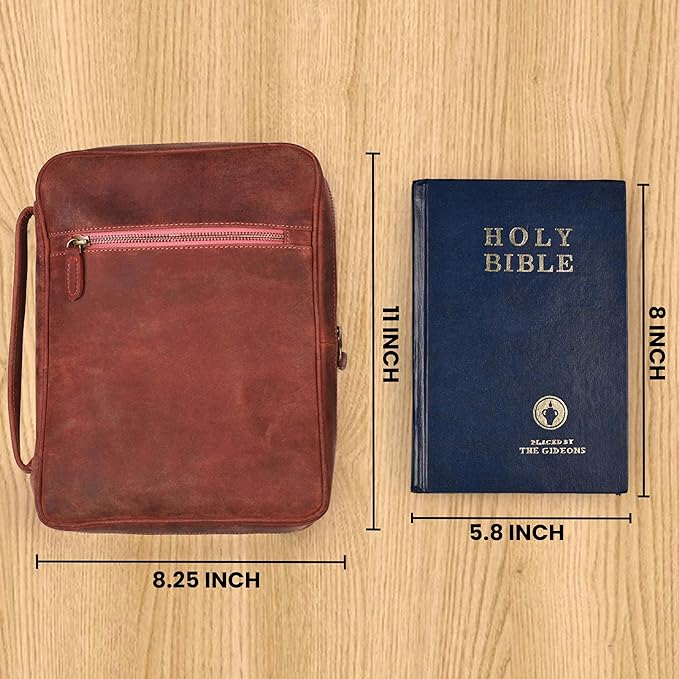 LEATHER VILLAGE Genuine Leather Bible Cover with Zipper for Men & Women - Large Bible Case Carrying Bag Book Cover & Organizer with Handle and Pockets - Leather Bible Covers for Church Study - Fuchsia