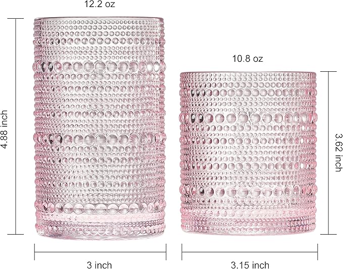 Khen Hobnail Beaded Highball Drinking Tumbler Glasses | Set of 12 | Pink Blush Color, Vintage Bubble Design Whiskey Glassware, Old-Fashioned, Embossed Design for Water, Wine, Cocktail, Rocks Glass