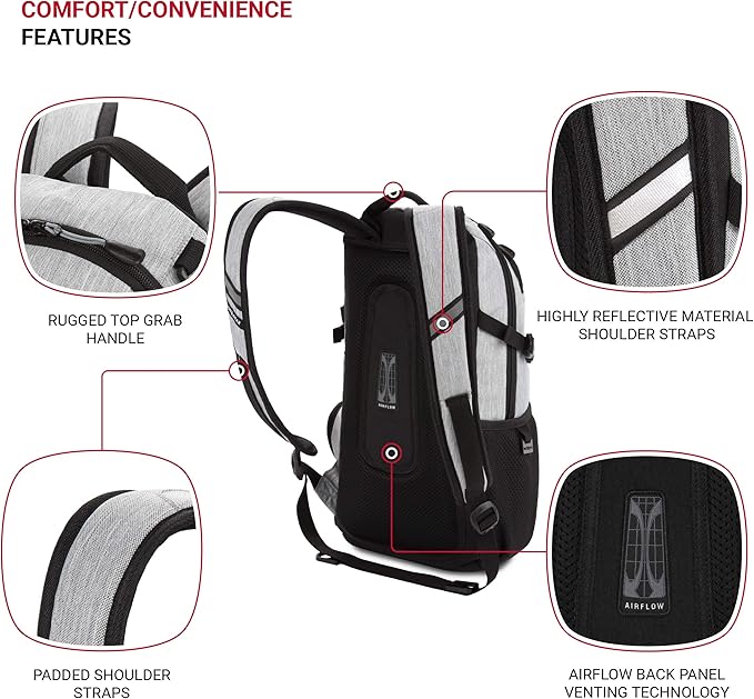 SwissGear 3598 Backpack, Narrow Daypack, Ideal for Commuting and School, Light Grey/Heather