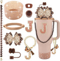 9PCS Brown for Stanley Cup Accessories Set Bling Initials Bow Charms for Stanley Decorations 30/40 Oz Tumbler Accessories Including Bow Straw Topper, Handle Strap, Spill Stopper（Letter J）