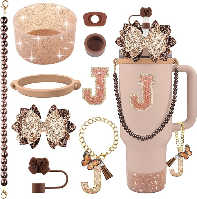 9PCS Brown for Stanley Cup Accessories Set Bling Initials Bow Charms for Stanley Decorations 30/40 Oz Tumbler Accessories Including Bow Straw Topper, Handle Strap, Spill Stopper（Letter J）