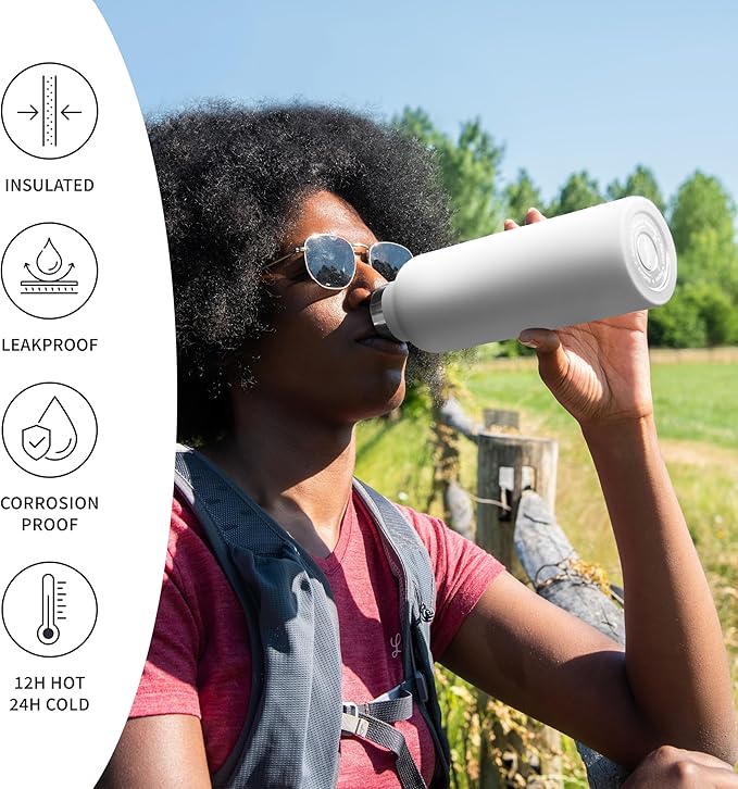 Bambaw Insulated Water Bottle 24 oz, Metal Water Bottle Stainless Steel, Keeps Drinks Cold for 24h Cold and Hot for 12h, Easy to Carry with Handle, Leak-Proof & Reusable (Polar White)