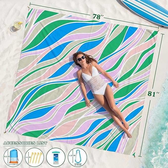 Famstar Beach Blanket Oversized Extra Large 78" X 81",Waterproof Sandproof Beach Blanket 1-7 Adults Lightweight Durable for Travel Camping Hiking Picnic