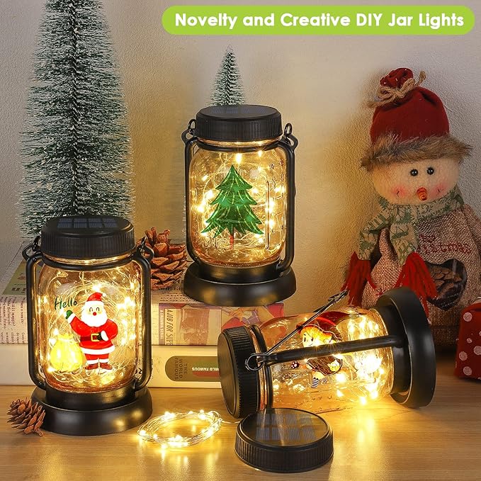 Mlambert 4 Pack Solar Hanging Lantern with Stakes, Outdoor Waterproof Solar Mason Jar Fairy String Lights Decorative Vintage Glass Lamp-Warm White