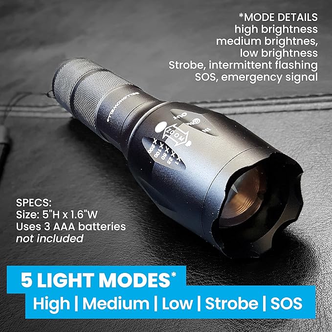 TacLight 3 Pk Tactical Flashlights High Lumens 40x Brighter than Regular Flash Light, SoS Strobe, Zoomable, Aircraft Grade Heavy Duty, Waterproof, Battery Powered, for Emergencies Power Outage Camping