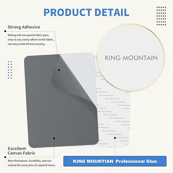 KING MOUNTAIN Canvas Repair Patch 9 x11 Inch 2 Pcs Self-Adhesive Waterproof Fabric Patch for Sofas, Tents, Furniture,Tote Bags, Car Seats (Charcoal Grey)