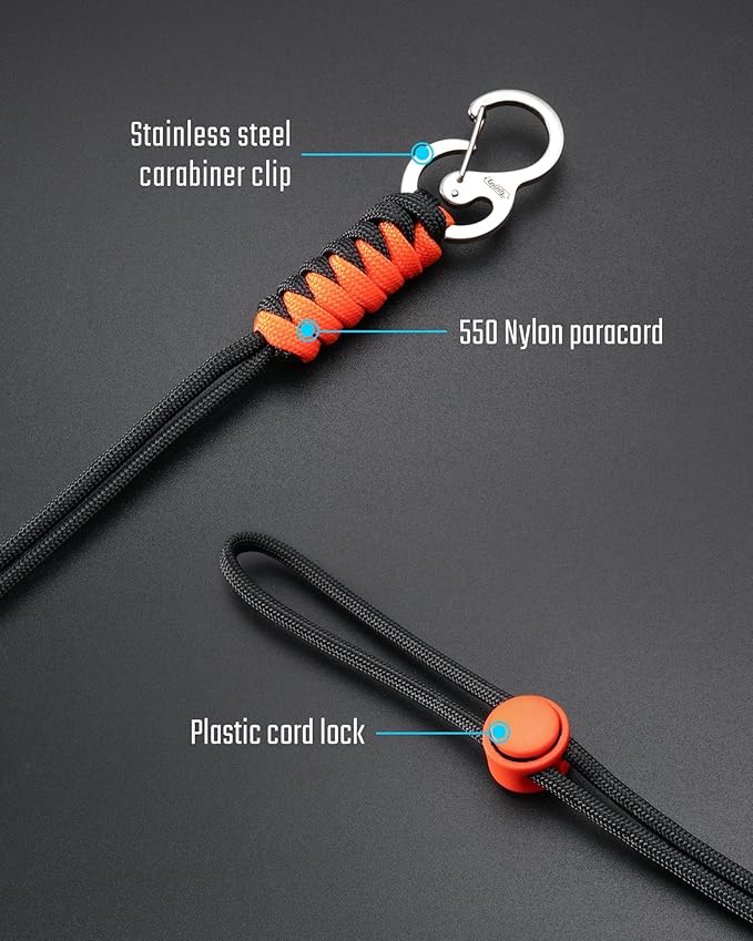 KeyUnity KC01 Braided Paracord Carabiner with Cord Lock, Keychain Phone Camera Bag Wrist Hand Strap for Daily & Outdoor