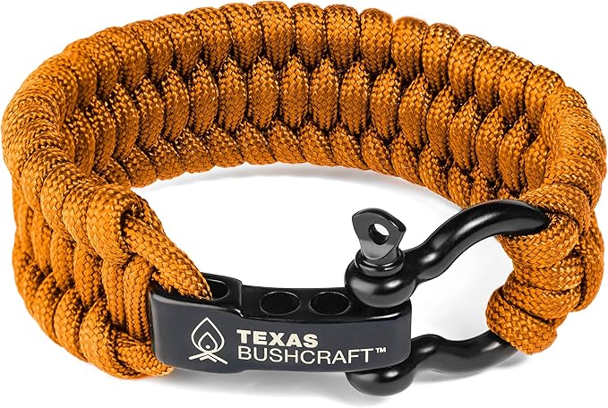 Texas Bushcraft Firecraft Cord Survival Bracelet – Paracord Bracelet with Bow Shackle for Camping and Emergency – 3 Extra Strands Include Wax Thread, Tinder, and Fishing Line