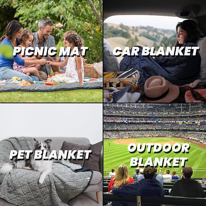 Waterproof Outdoor Blanket 92”X 60” Packable, Stadium Blankets for Camping with Sherpa Fleece Lining, Large Windproof Emergency Throw Mat for Garss Picnic Hiking Road Trip, Machine Washable, Navy