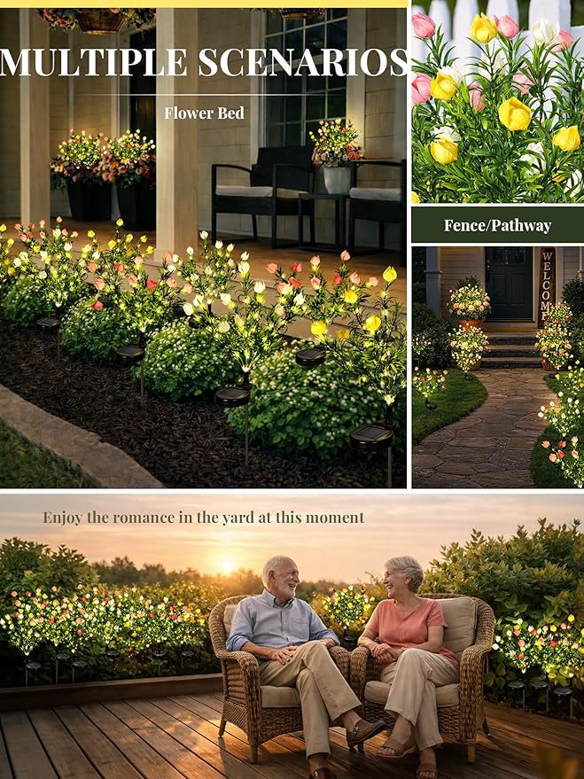 GIGALUMI Solar Garden Lights with Gardenias, 4 Pack LED Garden Decor Carefree Solar Flowers Outdoor Waterproof, Yard Decorations Outdoor, Allergy-Free Light up Flowers for Yard (2white+1yellow+1pink)