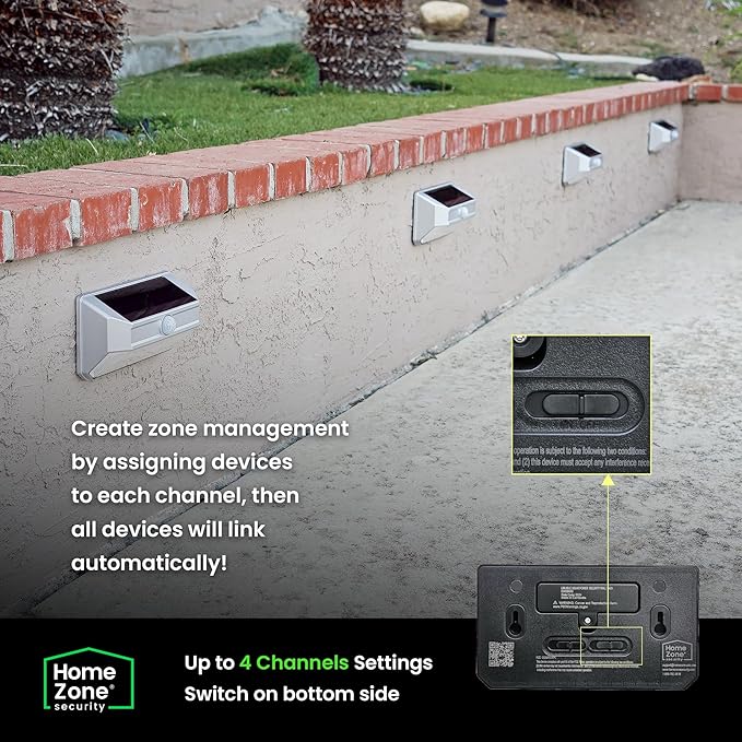 Home Zone Mesh Linkable Series 4-Pack Solar SMD LED Security Wall Pack Light, 800LM, Auto-Linking, 120°x26 ft Motion Detection, 3000L Warm White, 800 Lumens, Customizable 4-Channel Settings, Black