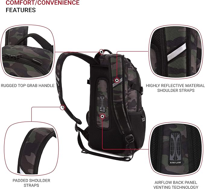 SwissGear 3598 Backpack, Narrow Daypack, Ideal for Commuting and School, Camo/Green