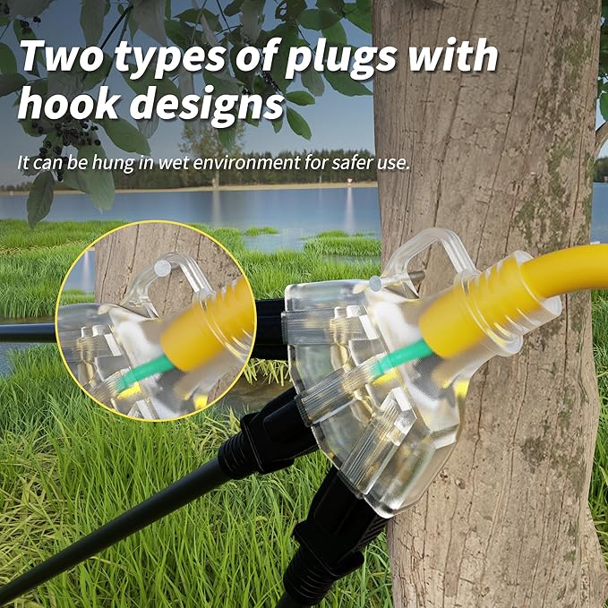 PlugSaf 3 FT 12/3 Gauge Outdoor Extension Cord with Multiple Outlets Light Indicator, Flexible 3 Outlet Weatherproof Heavy Duty Extension Cord Waterproof Yellow, 15A 1875W 12AWG SJTW, ETL Listed