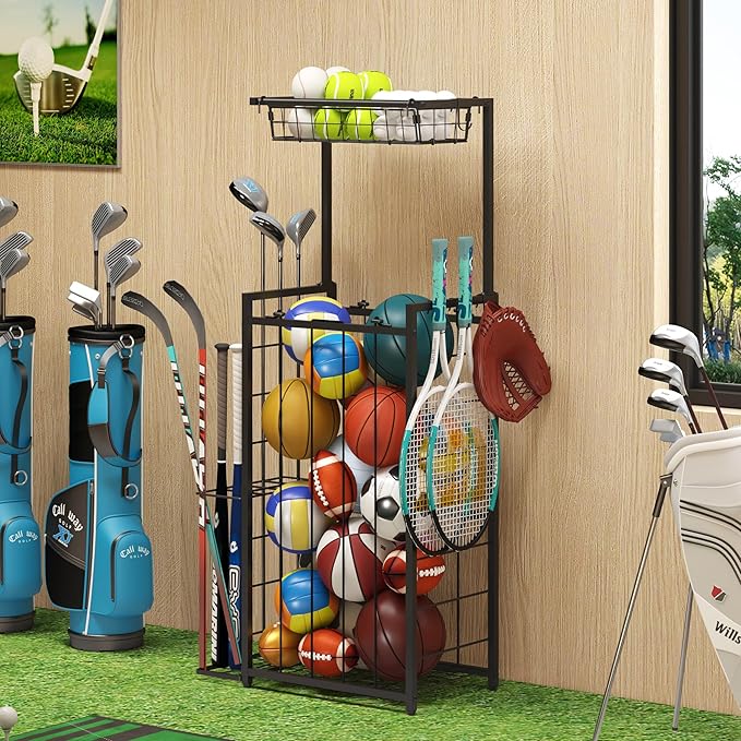 Sports Equipment Organizer, Small Garage Ball Storage Rack with Elastic Straps and 3 Hooks, Garage Organization Storage Rack for Balls and Sports Equipment, Toy Organizer Stand for Room, Gym, Black