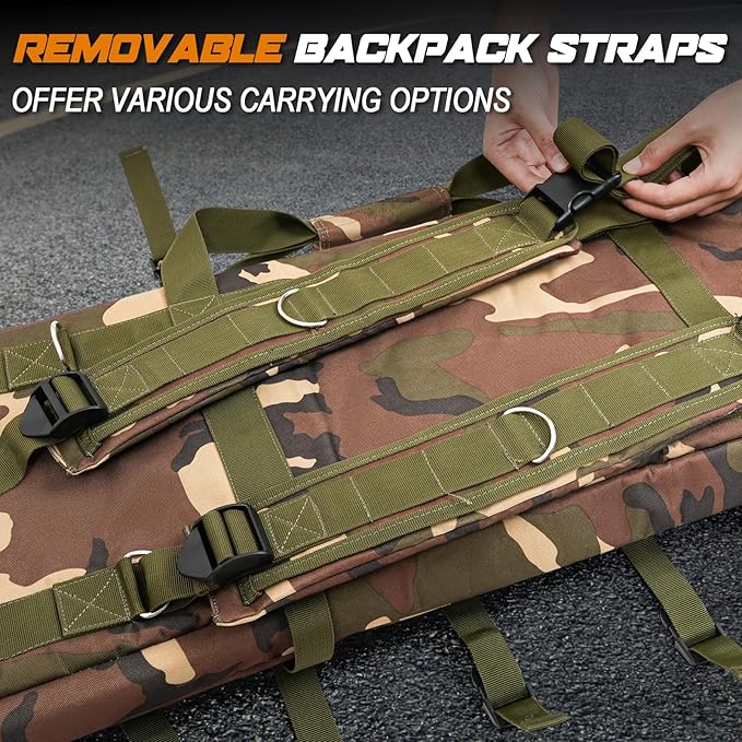 DULCE DOM 36 42 48 Inch Double Rifle Case, Tactical Soft Padded Backpack for Hunting & Shooting Range, Heavy-Duty Storage Gun Bag for 2 Rifles & Pistols with Lockable Zippers & MOLLE System