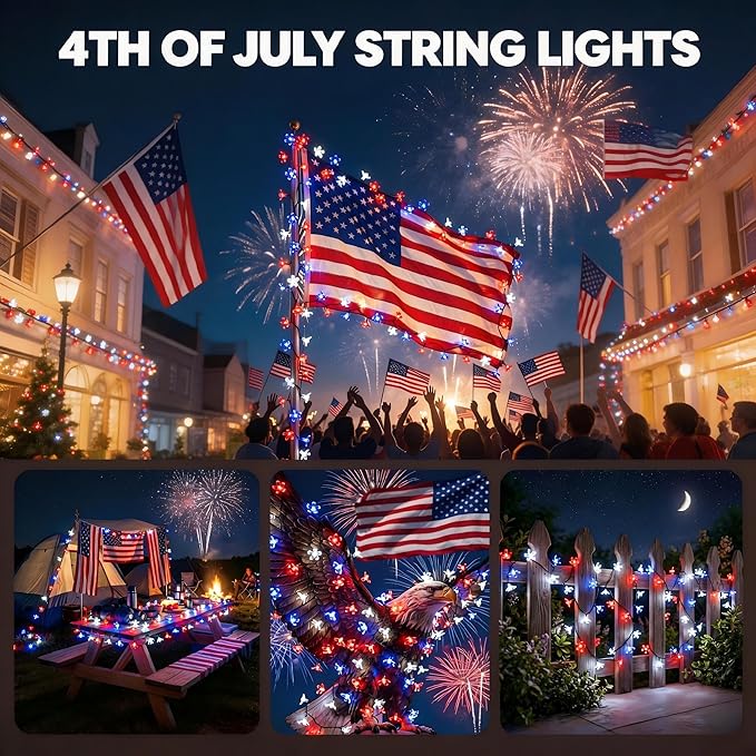ITICdecor 50 LED Solar Flower String Lights Outdoor Waterproof 4th of July Fairy Light Decorations for Garden, Fence, Patio, Yard &Party Decoration (Red White&Blue)