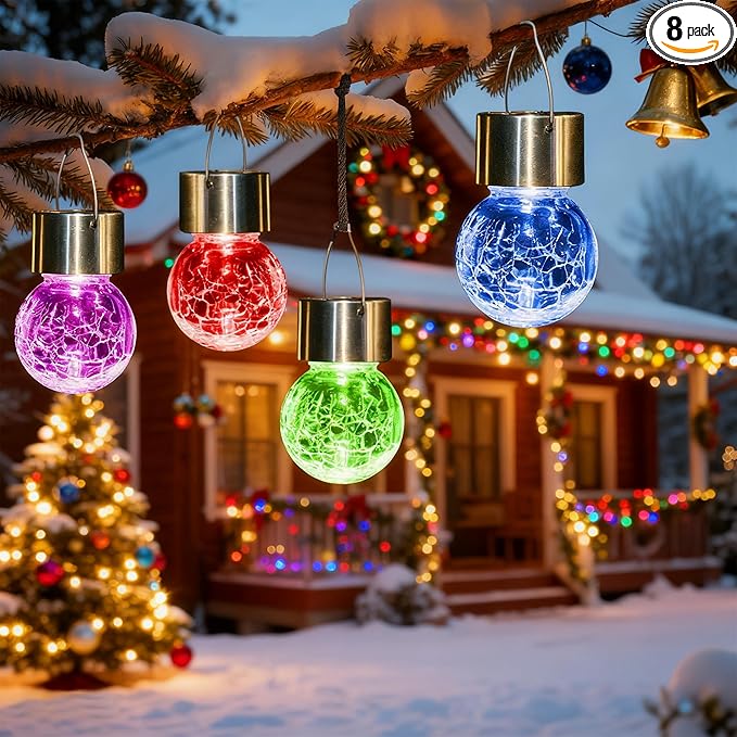 Solpex Hanging Solar Lights Outdoor, 8 Pack Decorative Cracked Glass Ball Light, Solar Powered Waterproof Globe Lighting, Hanging Globe Solar Lights for Garden, Yard, Patio, Lawn, Flower Bed
